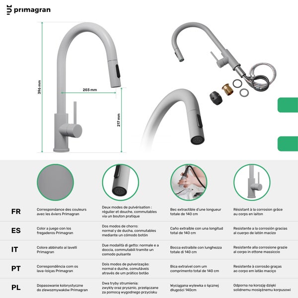 Primagran Wasserhahn mit ausziehbarer Brause und Maßangaben