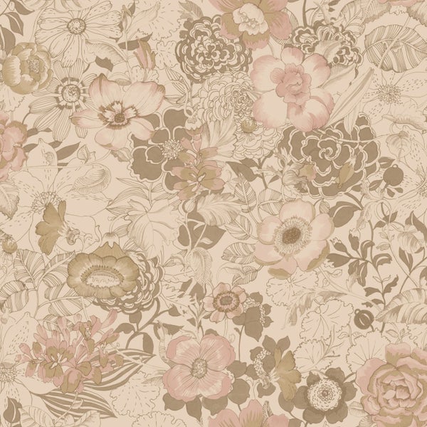ESTAhome Tapete Blumenmuster Hellbraun und Altrosa - 50 x 900 cm - 139764