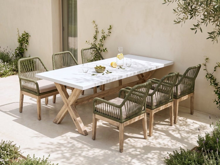 Garten-Essgruppe mit weißem rechteckigem Tisch aus Holz und sechs Armlehnenstühlen aus grünem Seilgeflecht mit Sitzkissen auf einer Terrasse.