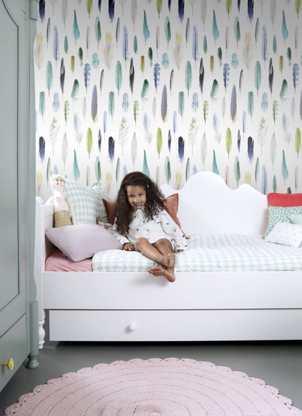 ESTAhome XXL-Vliestapete Federn Grün, Blau und Beige - 50 x 900 cm - 158602