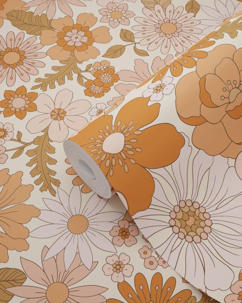 ESTAhome Tapete Retro Blumen Terrakottarosa und Orange - 53 cm x 10.05 m - 130962