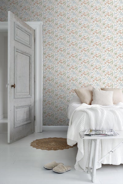 Borastapeter Tapete Blumen Weiß, Grün und Blau - 53 cm x 11.2 m - 660147