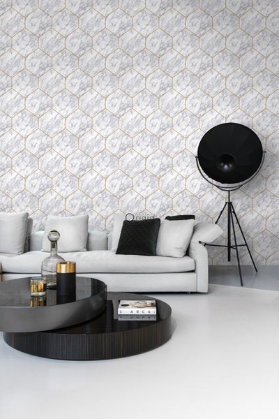 Origin Wallcoverings Tapete Wabenmuster mit Marmoreffekt Weiß, Grau und Gold - 50 x 900 cm - 347808
