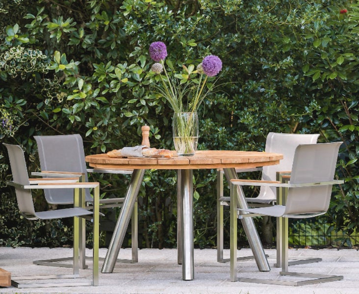Freischwinger Edelstahl Teak für Garten Terrasse und Balkon Gartenstuhl stapelbar wetterfest modern