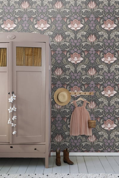 ESTAhome Tapete Blumenmuster im Jugendstil Graugrün und Braun - 50 x 900 cm - 131084