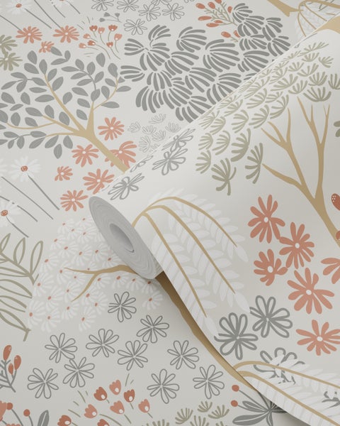 ESTAhome Tapete Bäumen und Blumen Graugrün und Terrakotta - 50 x 900 cm - 131187