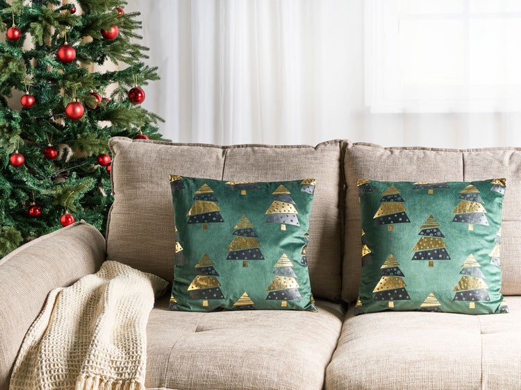 Dekokissen 2er Set GOLDSPRUCE Samtstoff 45 x 45 cm Grün Weihnachtsmotiv