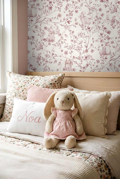 Helles Kinderzimmer mit Vliestapete mit floralem Hasenmotiv, Holzbetten, Plüschhase und dekorativen Kissen.