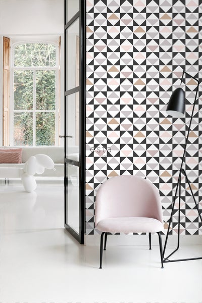 ESTAhome Tapete grafische Dreiecke Weiß, Schwarz, Grau und Altrosa - 53 cm x 10.05 m - 139094