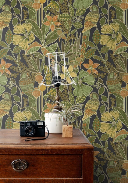ESTAhome Tapete tropischen Blumen und Paradiesvögeln Olivgrün - 50 x 900 cm - 131160