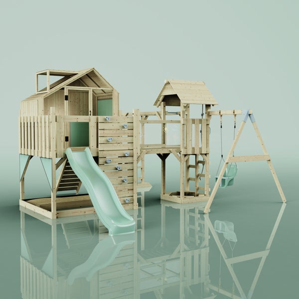 Holzspielplatz mit Kletterwand, Rutsche und Schaukel für den Garten