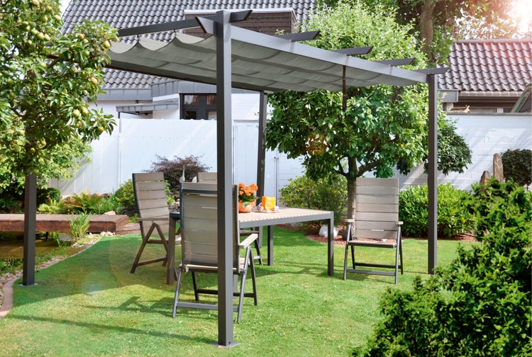 Pergola 4 x 3 m lichtgrau mit ausziehbarem Dach und Schutzhülle