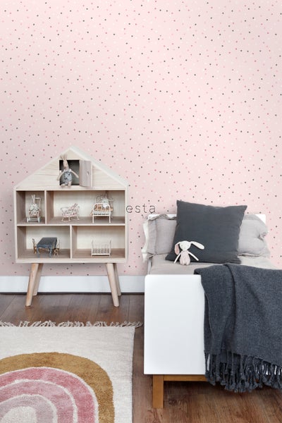 ESTAhome Tapete Punkte Rosa und Grau - 53 cm x 10.05 m - 139051