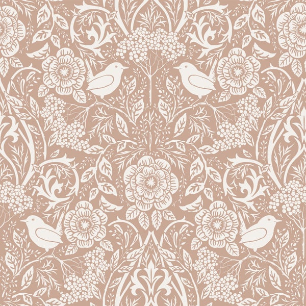 ESTAhome Tapete Blumen und Vögel im Jugendstil Rosabeige und Weiß - 53 cm x 10.05 m - 139324