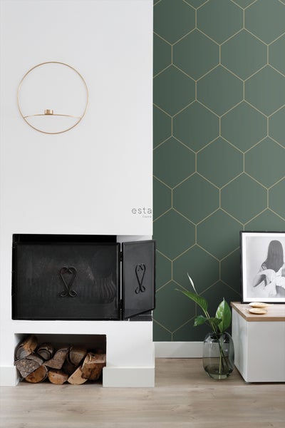 ESTAhome Tapete Wabenmuster Dunkelgrün und Gold - 50 x 900 cm - 139558