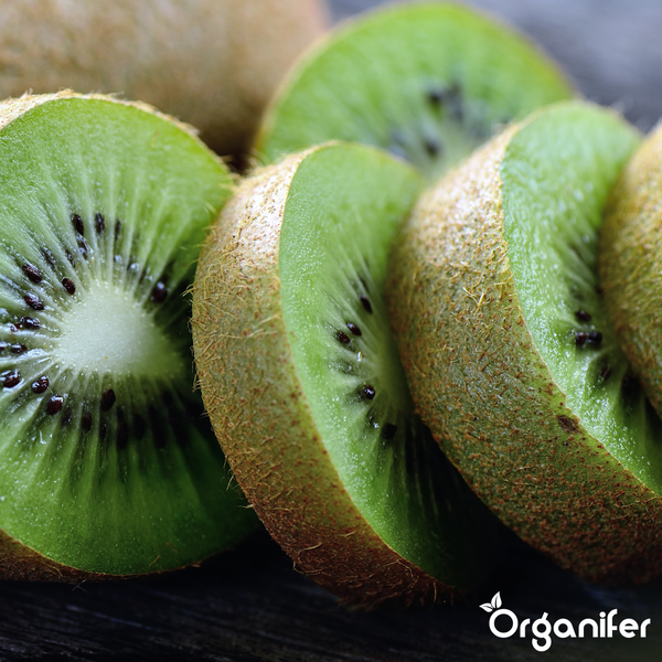 Halbierte Kiwi mit Samen und ganze Kiwi-Früchte, einschließlich grüner Blätter und Organifer Logo.