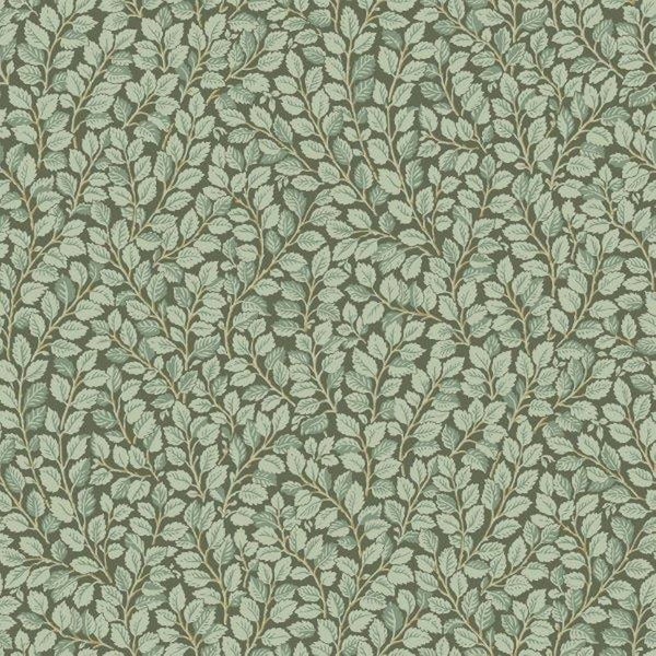 Schlafzimmer mit grüner Blättertapete, Bett und Fenster