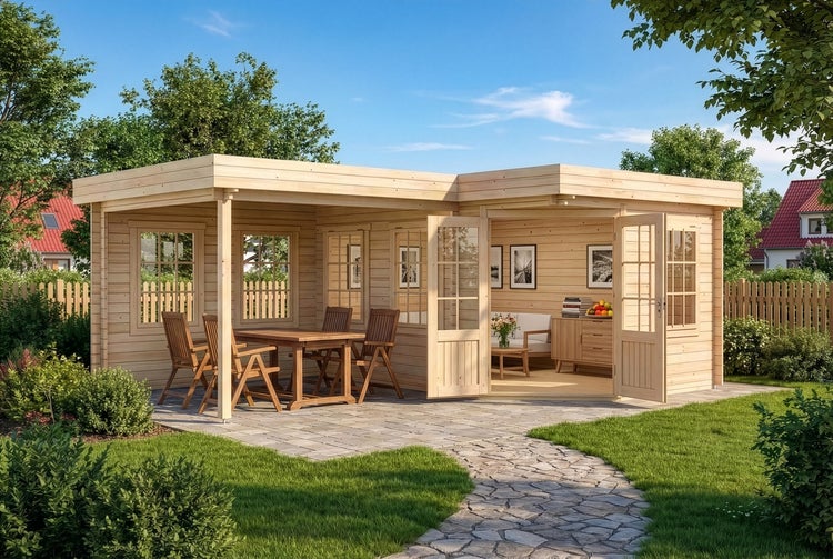 Modernes Gartenhaus aus hellem Holz mit Flachdach, überdachter Terrasse mit Möbeln und offenem Innenraum in einem hellen, gepflegten Garten.