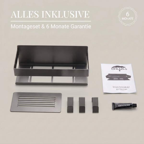 Duschablage-Set aus Edelstahl bestehend aus Ablage, Montageplatte, drei Haken, Montagekleber, Anleitung mit Dekazia Logo und sechs Monaten Garantie.
