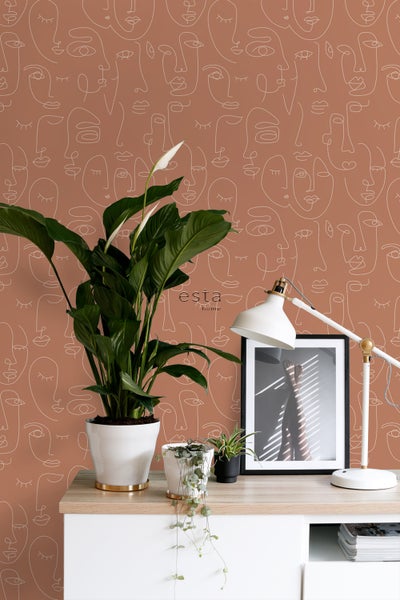 ESTAhome Tapete Line Art Gesichter Terrakotta - 53 cm x 10.05 m - 139375