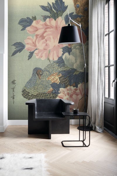 Origin Wallcoverings Fototapete Pfau und Pfingstrosen Altrosa, Grün und Blau - 2 x 3 m - 357233