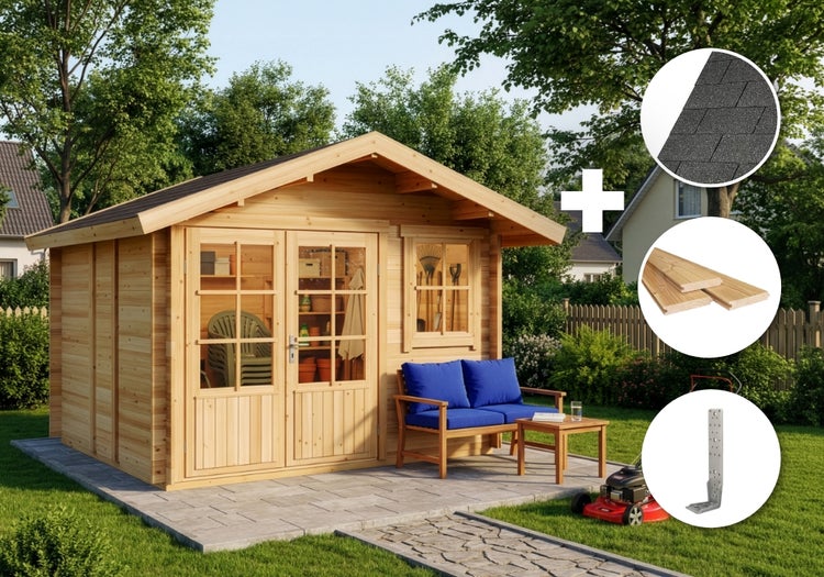 Holzgartenhaus mit Doppeltür, Fenster, Dachschindeln, Bodenbrettern und Montagewinkeln im Set für den Garten.