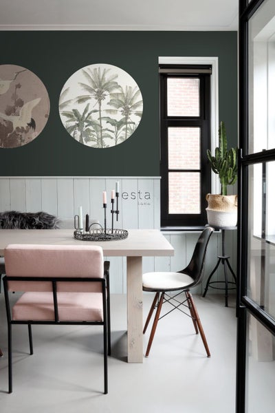 ESTAhome selbstklebende runde Tapete Palmen Hellbeige und Graugrün - Ø 70 cm - 158983