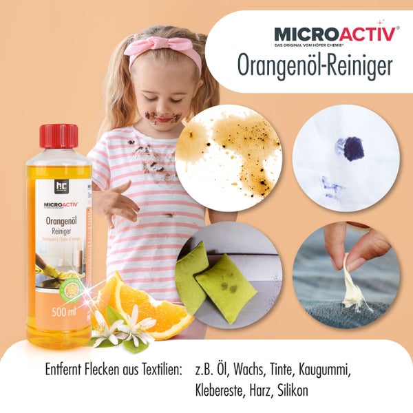 Microactiv Orangenöl Reiniger zur Fleckenentfernung auf Textilien mit Beispielen für Öl-, Wachs-, Tinten-, Kaugummi-, Klebereste-, Harz- und Silikonflecken