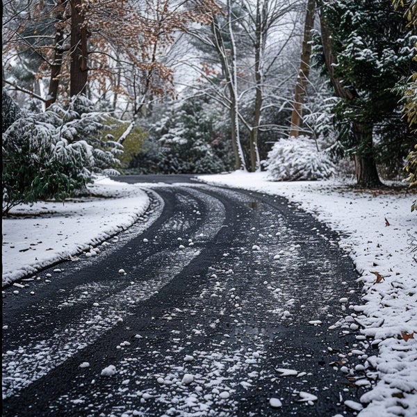 Dunkle Einfahrt mit gestreutem Streusalz zur Glättebeseitigung in einem verschneiten Garten mit Bäumen und Sträuchern.
