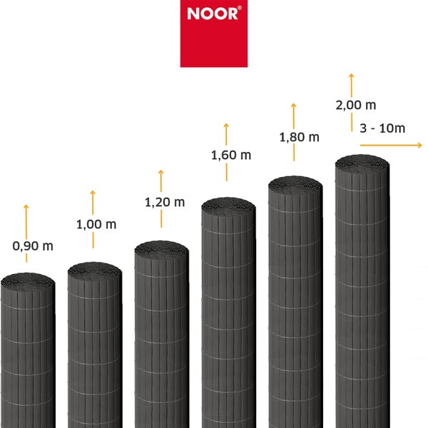 Noor Logo und sechs aufgerollte Sichtschutzmatten in verschiedenen Hoehen von 0,90 Meter bis 2,00 Meter und einer Laenge von 3 bis 10 Meter