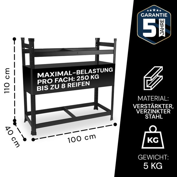 ALL Premium Reifenregal 8 Reifen 100x110x40cm schwarz, 250kg Traglast, platzsparend, Reifenständer und Reifenhalter, Felgenbaum Garagen Zubehör für Garage & Lager