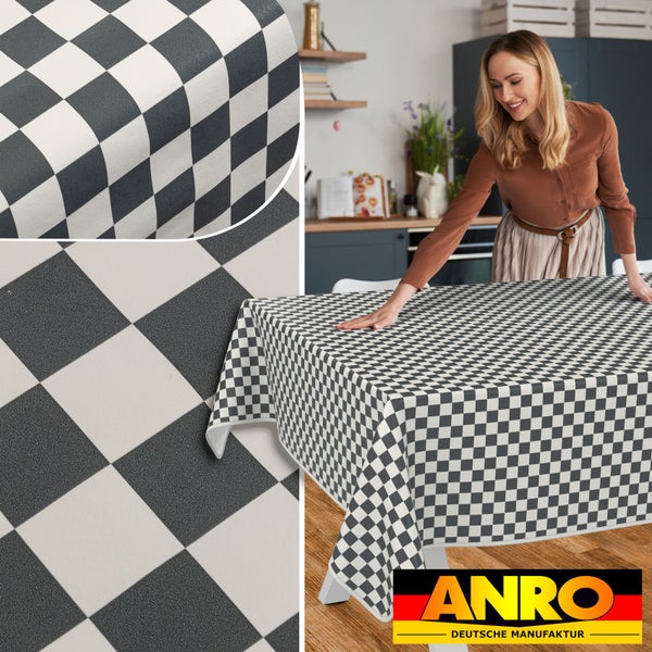 Tischdecke mit Schachbrettmuster auf einem Esstisch, ANRO Logo