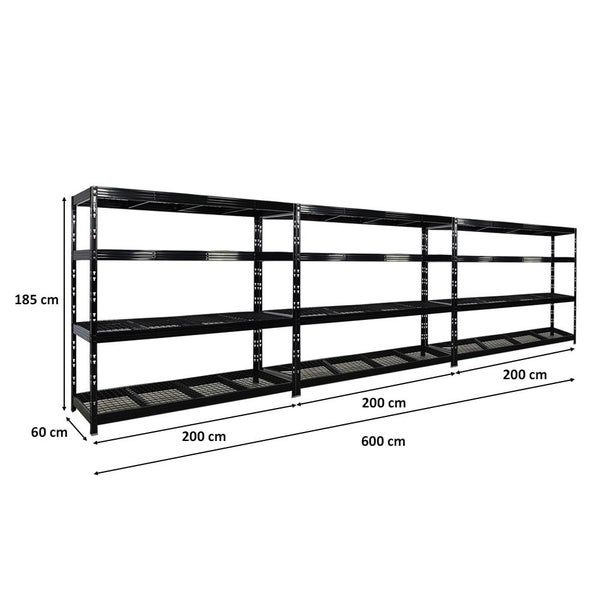 PROREGAL Mega Deal 3x Profi Schwerlastregal Rhino HxBxT 180x200x60cm 4 Gitterrost-Ebenen Fachlast 500kg Schwarz