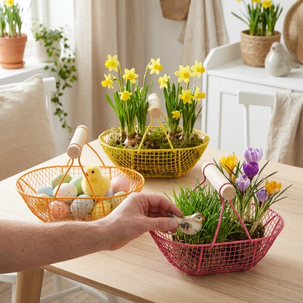 Drei bunte Drahtkörbe mit Holzgriff zur Osterdekoration auf einem Holztisch, dekoriert mit Frühlingsblumen, Ostereiern und Deko Vögeln.
