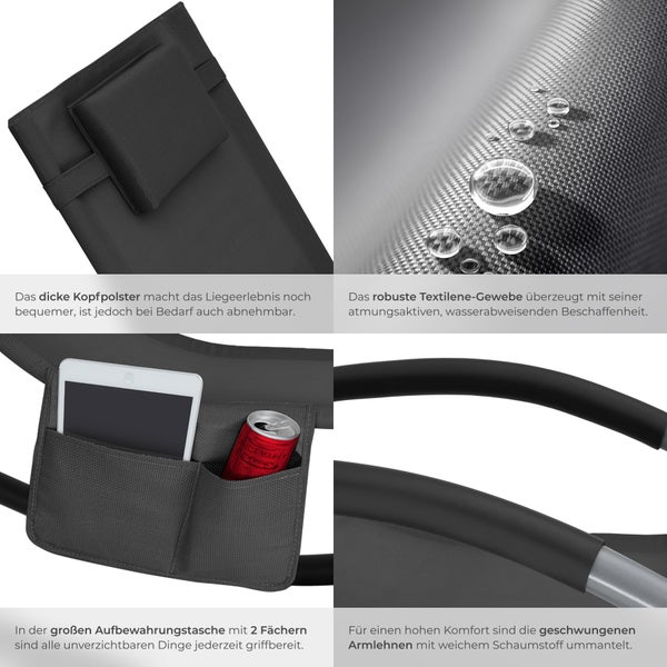Gartenliege tectake Taya abnehmbares Kopfpolster, seitliche Aufbewahrungstasche ergonomisch, mit Komfort-Schwingbewegung schwarz