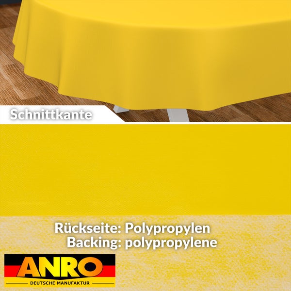 Gelbe runde Tischdecke mit Schnittkante und Rückseite aus Polypropylen, ANRO Logo.