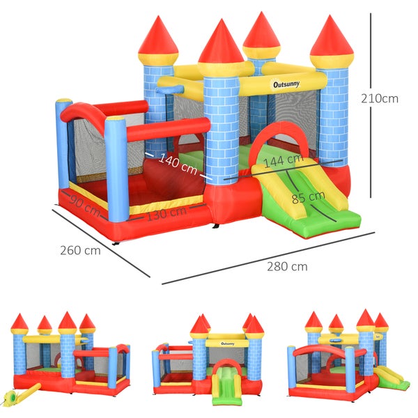 Outsunny Aufblasbare Hüpfburg mit Rutsche Pool für 3 Kinder Burg Springburg mit Gebläse Spielburg Spielhaus für 3-8 Jahre Oxford-, Polyester-Gewebe Rot+Blau+Grün 280 x 260 x 210 cm