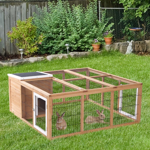 PawHut Kaninchenstall Kleintiergehege mit Dach zum Öffnen Kleintierkäfig Meerschweinchenstall mit Freigehege für draußen wetterbeständig Tannenholz Natur 123 x 120 x 52 cm