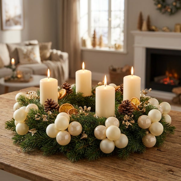 Adventskranz mit vier brennenden Stumpenkerzen geschmückt mit Tannenzweigen, Kiefernzapfen, getrockneten Orangenscheiben und Weihnachtskugeln.