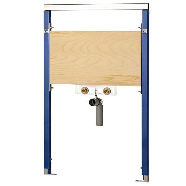 Vorwandelement für Waschtisch mit blauem Metallrahmen, Holzplatte, Wasseranschlüssen, Abflussrohr, Franke Logo und KWC Logo.