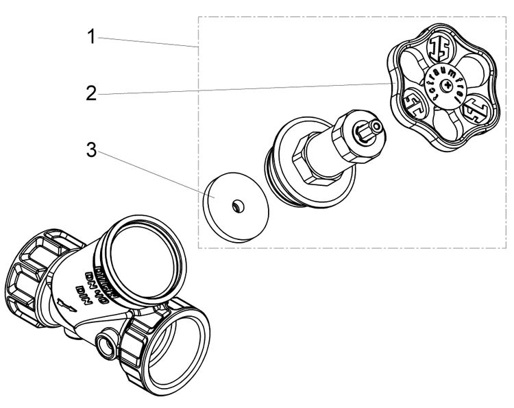 Explosionszeichnung eines Schrägsitzventils mit markierten Ersatzteilen wie Handrad und Dichtungsscheibe.