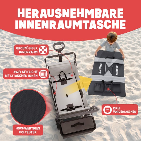 Bollerwagen mit herausnehmbarer Innentasche, drei Vordertaschen, zwei inneren Netztaschen, Onbest Logo und hochwertigem Polyestergewebe.