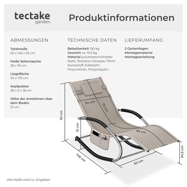 Produktübersicht mit technischen Daten und Abmessungen einer Tectake Garden Schaukelliege inklusive Seitentasche und Kopfpolster.