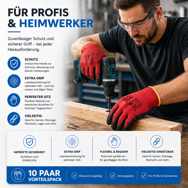 Handwerker mit Schutzbrille und Arbeitshandschuhen beim Bohren in Holz. Symbole für Schutz, Griffigkeit, Passform und zertifizierte Sicherheit.