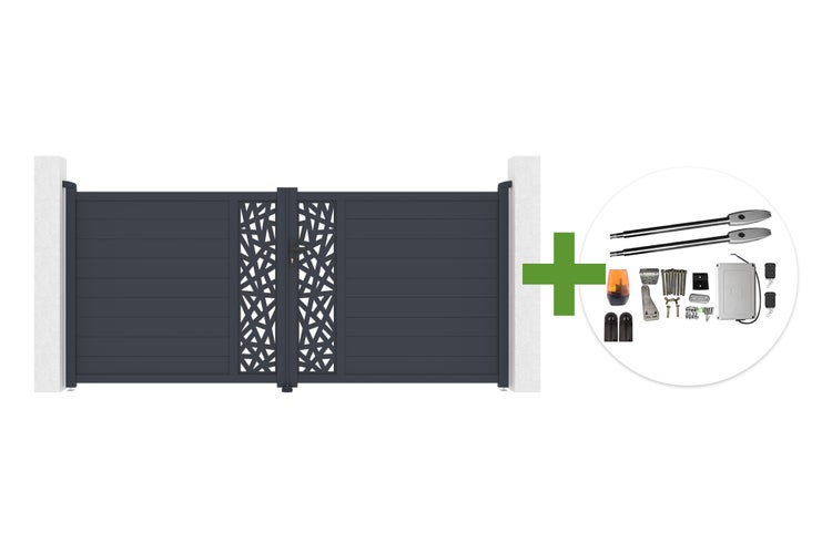 Zweiflügeliges Aluminium-Einfahrtstor in Anthrazit mit dekorativem Muster und elektrischem Torantrieb-Set.