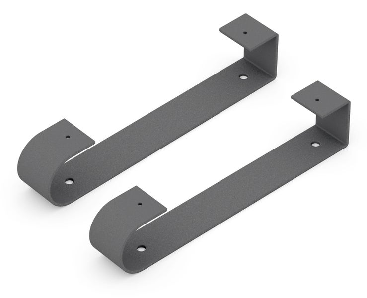 Zwei metallene Regalhalterungen in U-Form mit Montagebohrungen für die Wandbefestigung