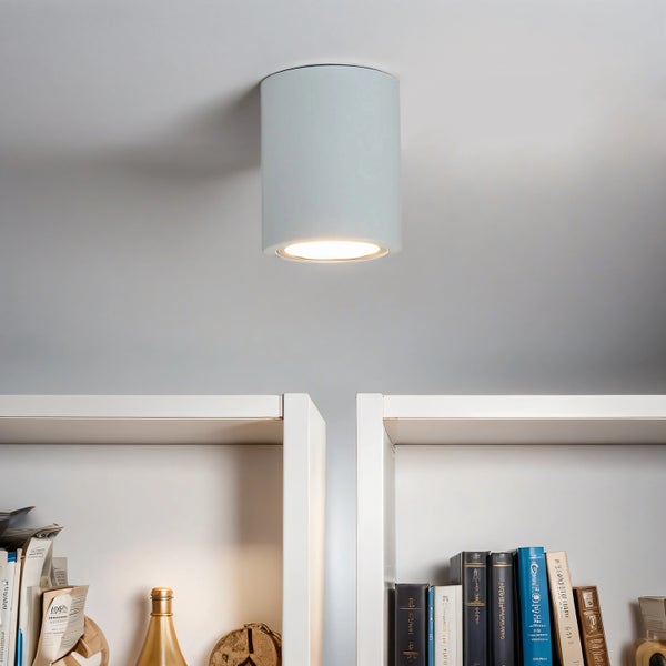 Deckenleuchte in zylindrischer Form über einem Bücherregal