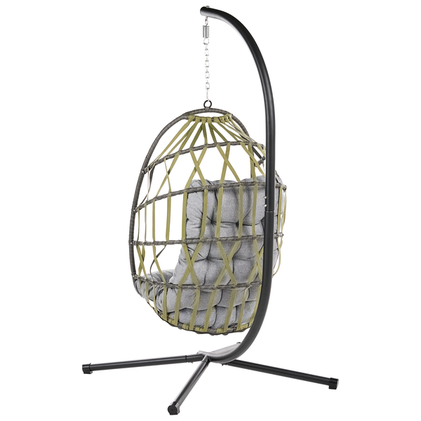 Hängesessel mit Korb aus Kunststoffgeflecht und Metallgestell inklusive Polsterauflage für den Garten oder die Terrasse.