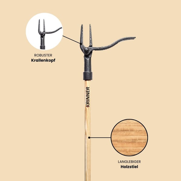 Krinner Unkrautstecher mit robustem Krallenkopf aus Metall und langlebigem Holzstiel.