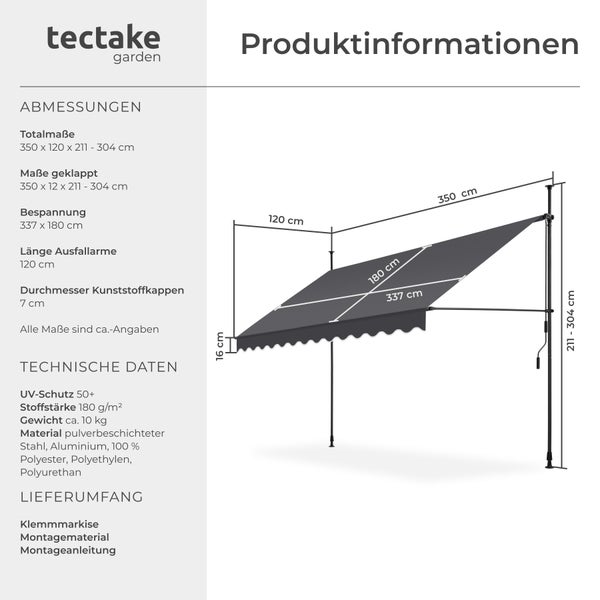 Klemmmarkise tectake  einfache Montage mit Handkurbel schwarz/grau